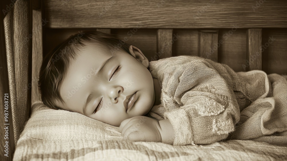 Wall mural newborn sleeping peacefully in a crib, with space for copy above the crib.