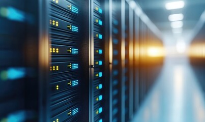 Modern server room showcasing advanced technology and efficient data storage systems in a sleek, illuminated environment.