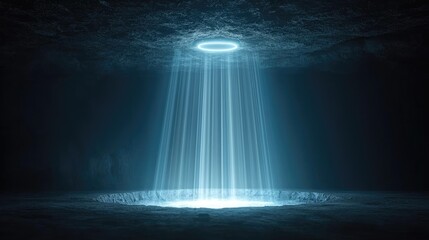 Fototapeta premium Mysterious light beams illuminate dark space, creating ethereal atmosphere, ideal for sci-fi or fantasy themes.