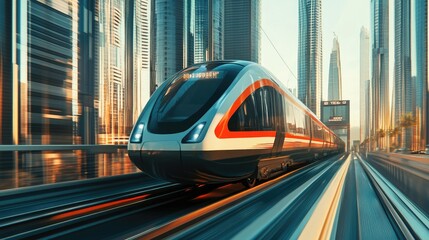 Fototapeta premium A sleek electric train speeding through an urban landscape, with city skyscrapers in the background, showcasing modern transportation in a vibrant metropolis.