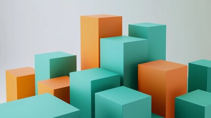 Obraz premium Colorful geometric blocks in vibrant turquoise and orange create a dynamic 3D composition, perfect for modern design concepts.