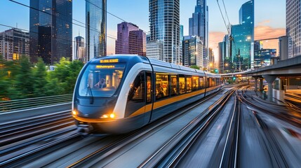 Naklejka premium A sleek electric train speeding through an urban landscape, with city skyscrapers in the background, showcasing modern transportation in a vibrant metropolis.