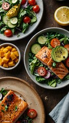 Overhead view of a meal with mixed salad and grilled salmon.
