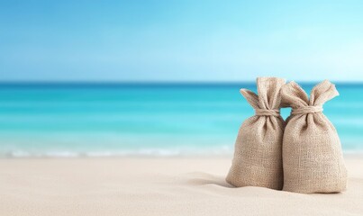 Two burlap bags resting on sandy beach with a serene blue ocean in the background, evoking a sense of calm and relaxation.