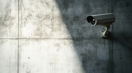 Side view of a closed-circuit camera mounted on a textured concrete wall, with the right half of the image left open for copy space.