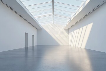 Obraz premium An empty modern gallery room with blank walls and a high ceiling with skylights, on a grey background, concept of a contemporary art space. generative ai