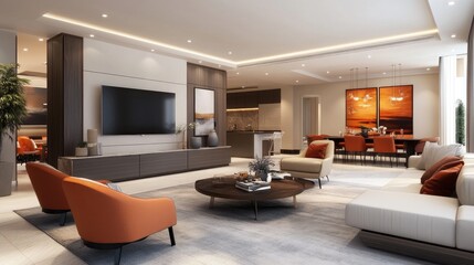 Fototapeta premium A spacious, open-plan living room with contemporary furniture, a sleek TV unit, and vibrant decor, showcasing a balance of comfort and modern design.