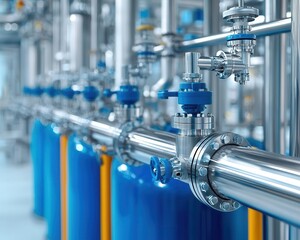 Modern chemical processing line with mixing vats, pipelines, and automated control systems