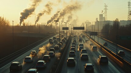 A busy highway filled with cars emitting exhaust fumes, showing the contribution of vehicle pollution to global air quality issues