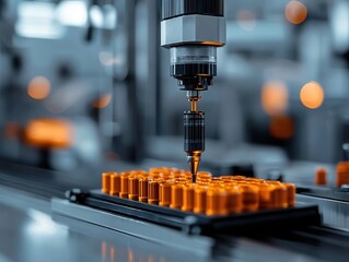 Close-up of molten plastic being injected into molds, high-speed production line in a clean factory