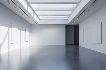 Fototapeta premium An empty modern gallery room with blank walls and a high ceiling with skylights, on a grey background, concept of a contemporary art space. generative ai