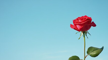 Side view of a single rose with a clear sky in the background, creating ample copy space on the right for text or branding.