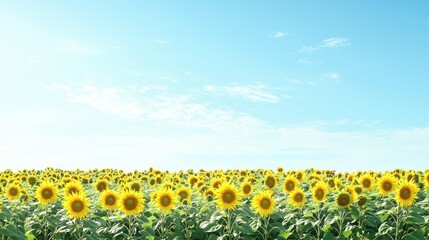 Obraz premium Side view of a sunflower field with a clean sky above, offering plenty of space on the right for text or product placement.