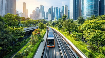 A city implementing environmental sustainability practices, with green roofs, solar panels, and eco-friendly transportation
