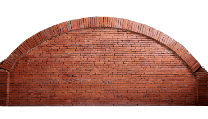 Red brick wall with an arched design, white isolate background.