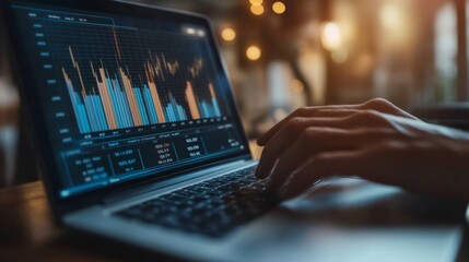 A professional analyzing a financial bar chart on a laptop, with clear, upward trends and labeled data points, highlighting key financial metrics.