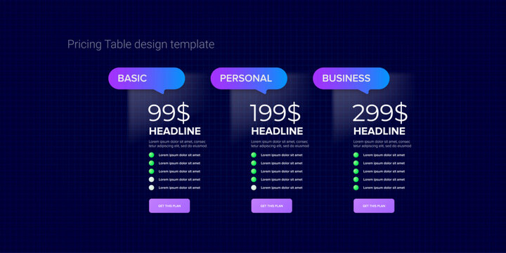 Price table concept vector design template. Pricing or subscription plan ui web elements. Website marketing and promotion landing page template. Product card UI vector illustration