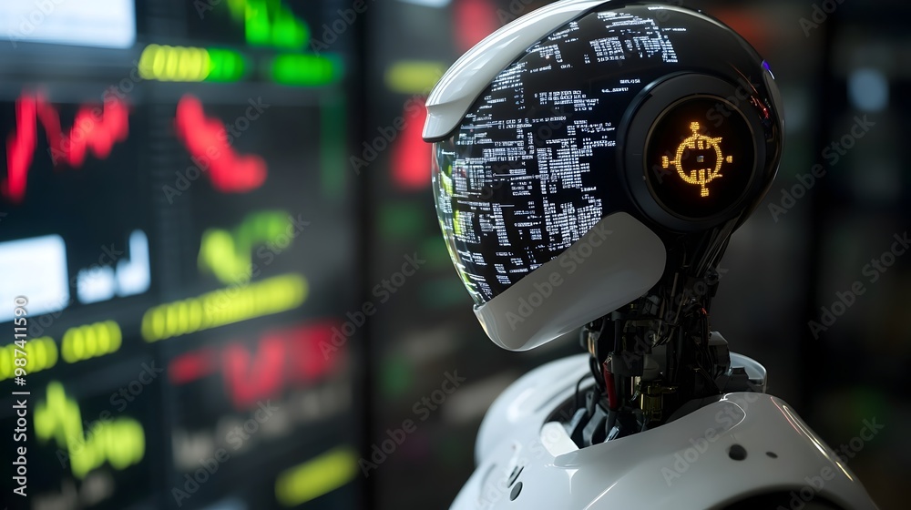 Poster futuristic holographic financial data projected from a robot s head showcasing an innovative digital
