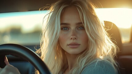 portrait of a beautiful blonde woman driving a car, with her hands on the wheel, reflecting her vibrant personality and modern lifestyle