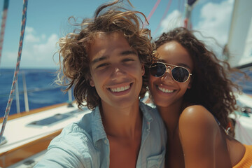 Fototapeta premium Smiling young mixed race couple enjoying sailboat ride on sunny summer day.