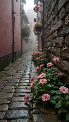Pink flowers in a misty cobblestone alley.