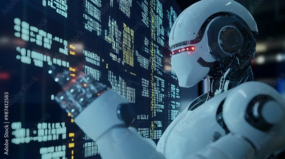 Poster futuristic trading bots exchanging binary code instead of traditional currency in a virtual financia