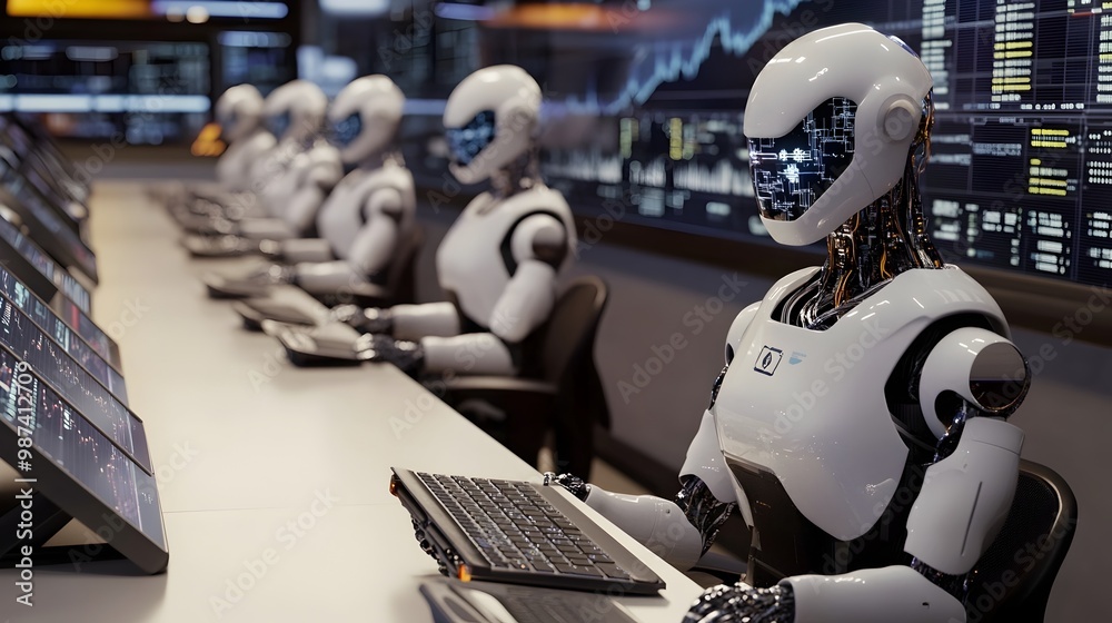 Poster futuristic trading floor filled with autonomous robots executing trades through quantum computers sh