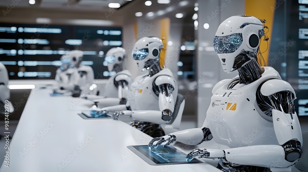 Poster futuristic trading floor filled with cutting edge robots and quantum computers executing advanced ai