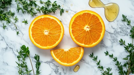 Top view of a bitter orange, sliced into wedges, surrounded by a few fresh herbs and a drizzle of honey on a marble countertop.