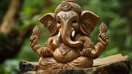 Fototapeta premium Ganesha Carved from Exquisite Natural Wood and Stone Elements Highlighting the Sacred Beauty and Craftsmanship of this Revered Hindu Deity