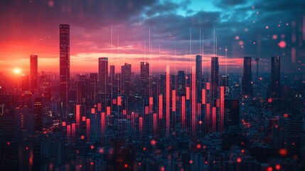 Fototapeta premium stock market bar chart with a modern city business center view in the background, symbolizing investment opportunities and the vibrant nature of trading in finance