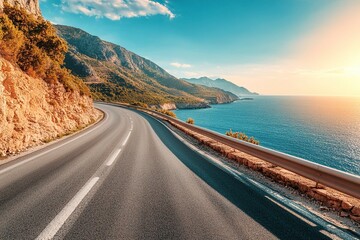 car drive on road of Mediterranean beach. Highway view on coast on way to summer vacation. driving on coast of nature. generative ai