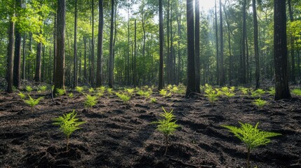 Obraz premium A forest being restored through sustainable environmental practices, with new trees being planted and soil being rehabilitated