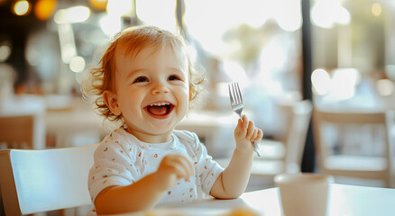 Fototapeta premium Happy child eating at a table in a restaurant, holding a fork in his hand, background of a light colored restaurant. The concept of proper nutrition of children.