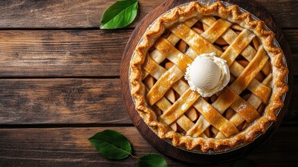 Top view of a classic apple pie with a golden crust and lattice topping, served on a rustic wooden table with a scoop of vanilla ice cream.