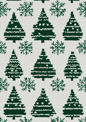 Obraz premium festive green Christmas sweater pattern featuring stylized trees and snowflakes on light background, perfect for holiday celebrations and cozy winter vibes
