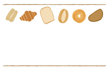 Frame of bread.  Sliced bread, rye bread, wheat bread, whole grain bread, bagel, croissant. Hand drawn vector illustration. Copy space.