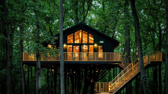 A modern treehouse nestled in lush green woods with warm lighting.
