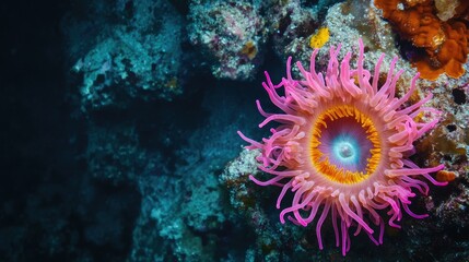 Fototapeta premium Top view of a colorful sea anemone on the ocean floor, with an empty space on the right side for adding text or promotional information.