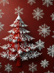 Red background with a white Christmas tree and snowflakes.