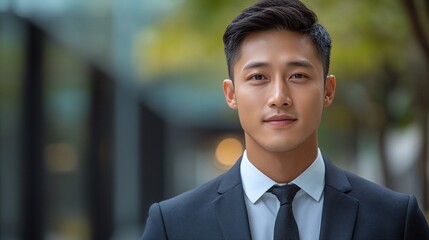 handsome Asian professional in a suit, posing outdoors with a business center blurred in the background, highlighting modern style and sophistication in a lifestyle portrait