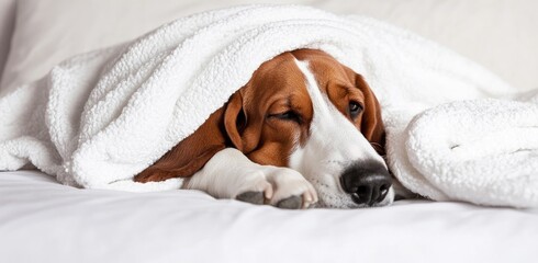 Obraz premium A cozy dog wrapped in a blanket, appearing relaxed and comfortable.