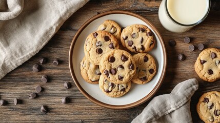 Fototapeta premium Top view of a cozy kitchen table with a plate of homemade cookies, milk in a glass, and a few chocolate chips scattered around.