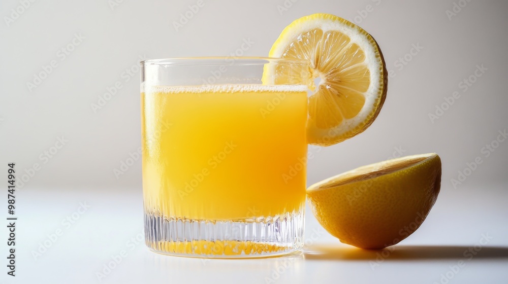 Poster a refreshing lemon juice cocktail with a slice of lemon on the rim of the glass, set on a white back