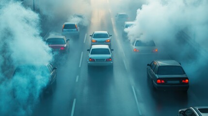Fototapeta premium A highway packed with cars, emitting exhaust fumes and contributing to air pollution, highlighting the need for greener transportation alternatives