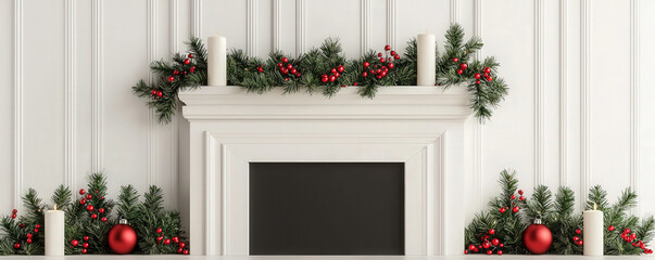 beautifully decorated fireplace adorned with festive garlands, red ornaments, and white candles, creating warm and inviting holiday atmosphere