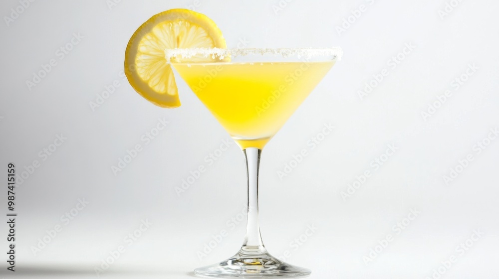 Poster a refreshing lemon juice cocktail with a slice of lemon on the rim of the glass, set on a white back