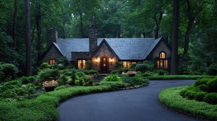 Charming house nestled in lush greenery, illuminated at dusk.