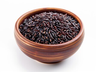 A bowl of black rice on a white background