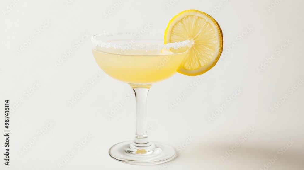 Poster a refreshing lemon juice cocktail with a slice of lemon on the rim of the glass, set on a white back